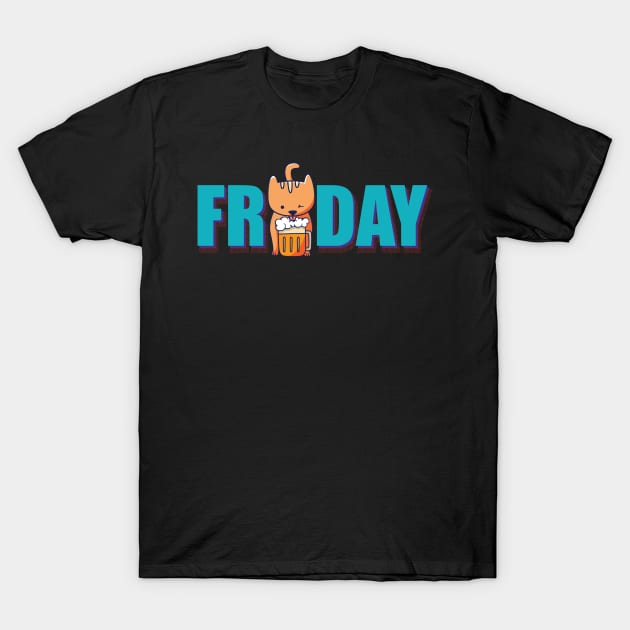 Funny Cat Drinking Beer on Friday T-Shirt by mai jimenez